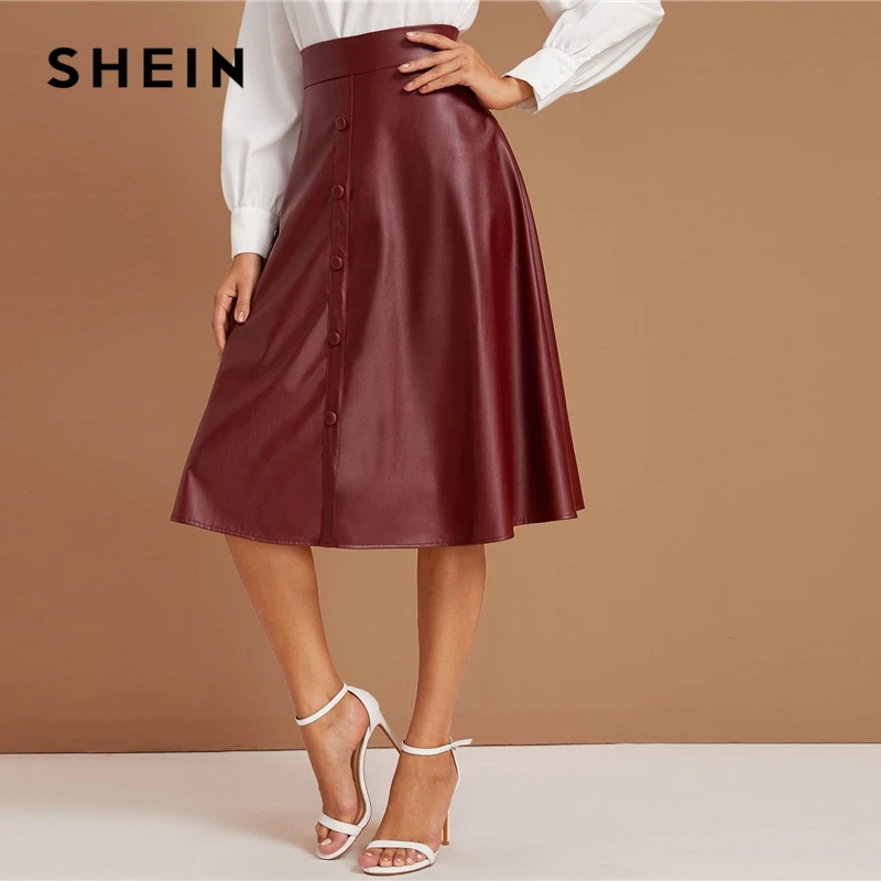 SHEIN элегантные бордовые юбки из искусственной кожи на пуговицах, женские осенние офисные юбки с высокой талией, расклешенная юбка миди из искусственной кожи