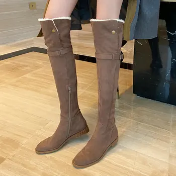 

2021 New Winter Warm Fashion Snow Boots Women Zipper Suede Over The Knee Boots Ladies Round Toe Low Heel Boots Black Brown