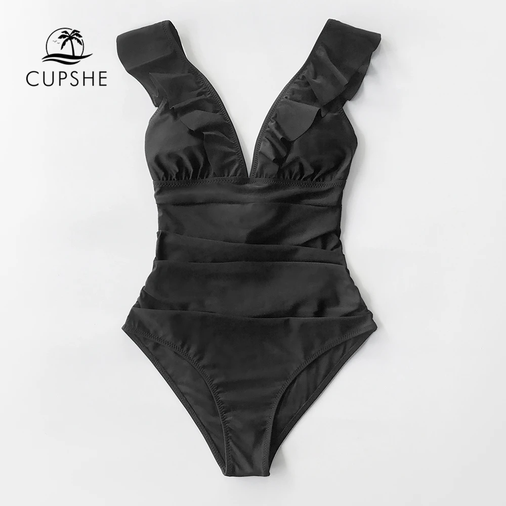 CUPSHE Solid Black Ruffled One-piece Swimsuit Women Sexy Lace up Monokini Swimwear 2021 New Girl Beach Bathing Suits-3