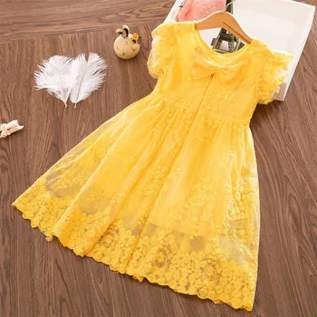 

2020 Summer Girls Dress Lace Dress 60% Polyester Baby Princess Dress Children Bow Embroidered Flying Sleeves Girls Clothes