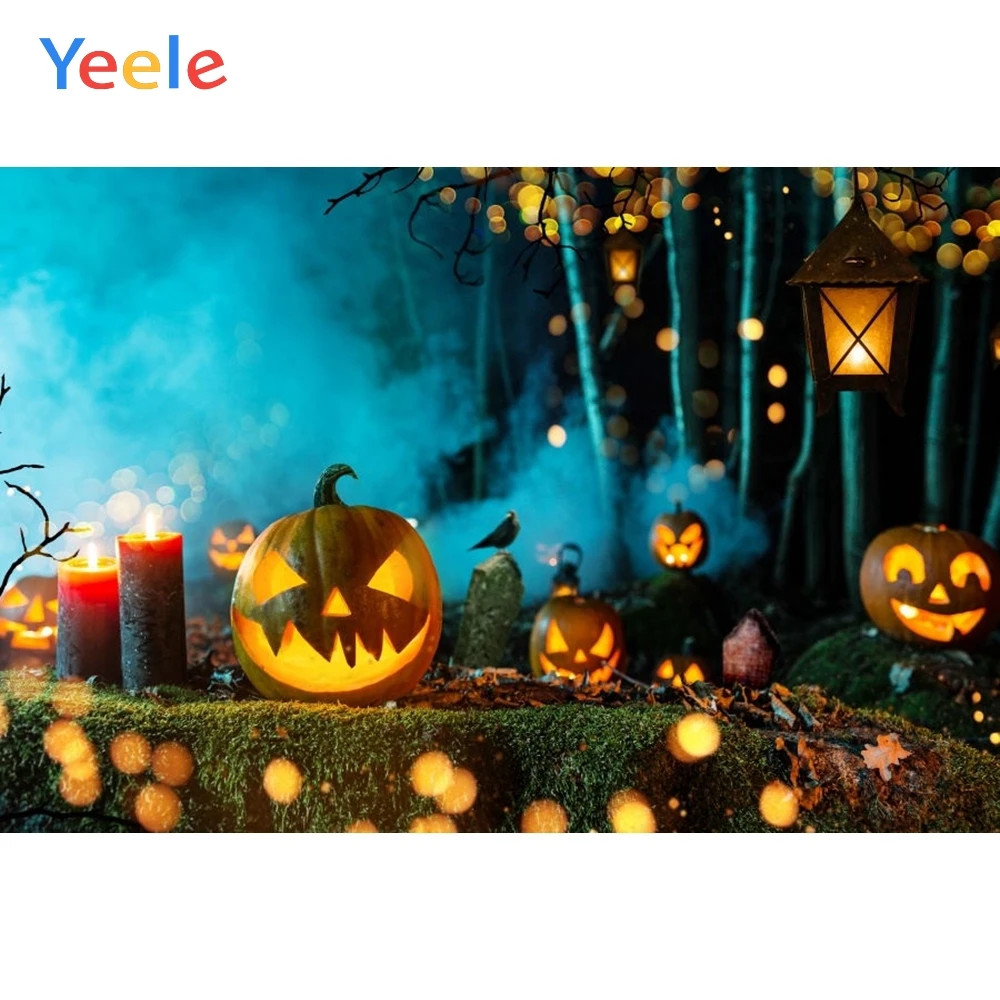 

Halloween Backdrop Pumpkin Lantern Forest Light Bokeh Shiny Vinyl Photography Backdrops Photographic Background For Photo Studio