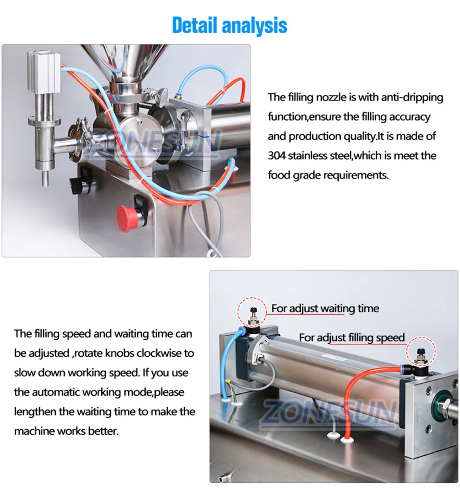 ZONESUN 100-1000ml Cream Filling Machine Liquid Filler 30L Pedal Pneumatic Paste Filling Machine for Paste High-viscosity Single Head Horizontal Semi-auto Filling Machine with Funnel