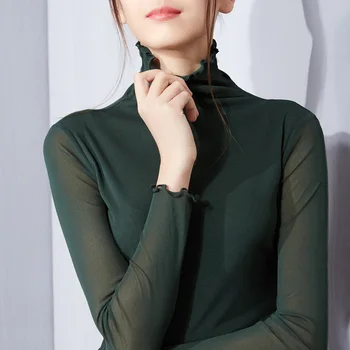 

Ladies Solid Color Turtleneck Chiffon Long Sleeve Solid Color T-shirt red