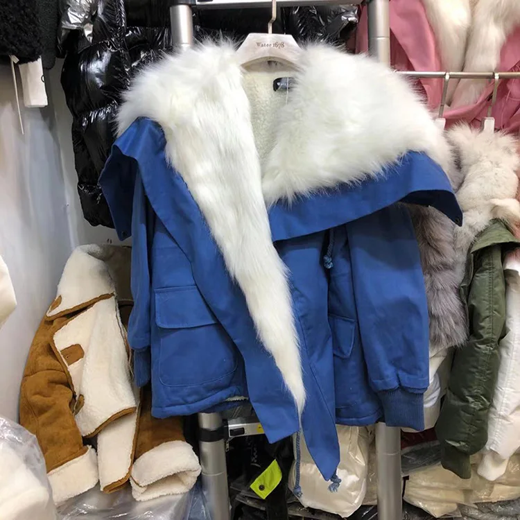 Зимнее пальто из искусственной овечьей шерсти, Женская куртка средней длины с большим меховым воротником, свободная куртка с хлопковой подкладкой, парка, Трендовое теплое пальто