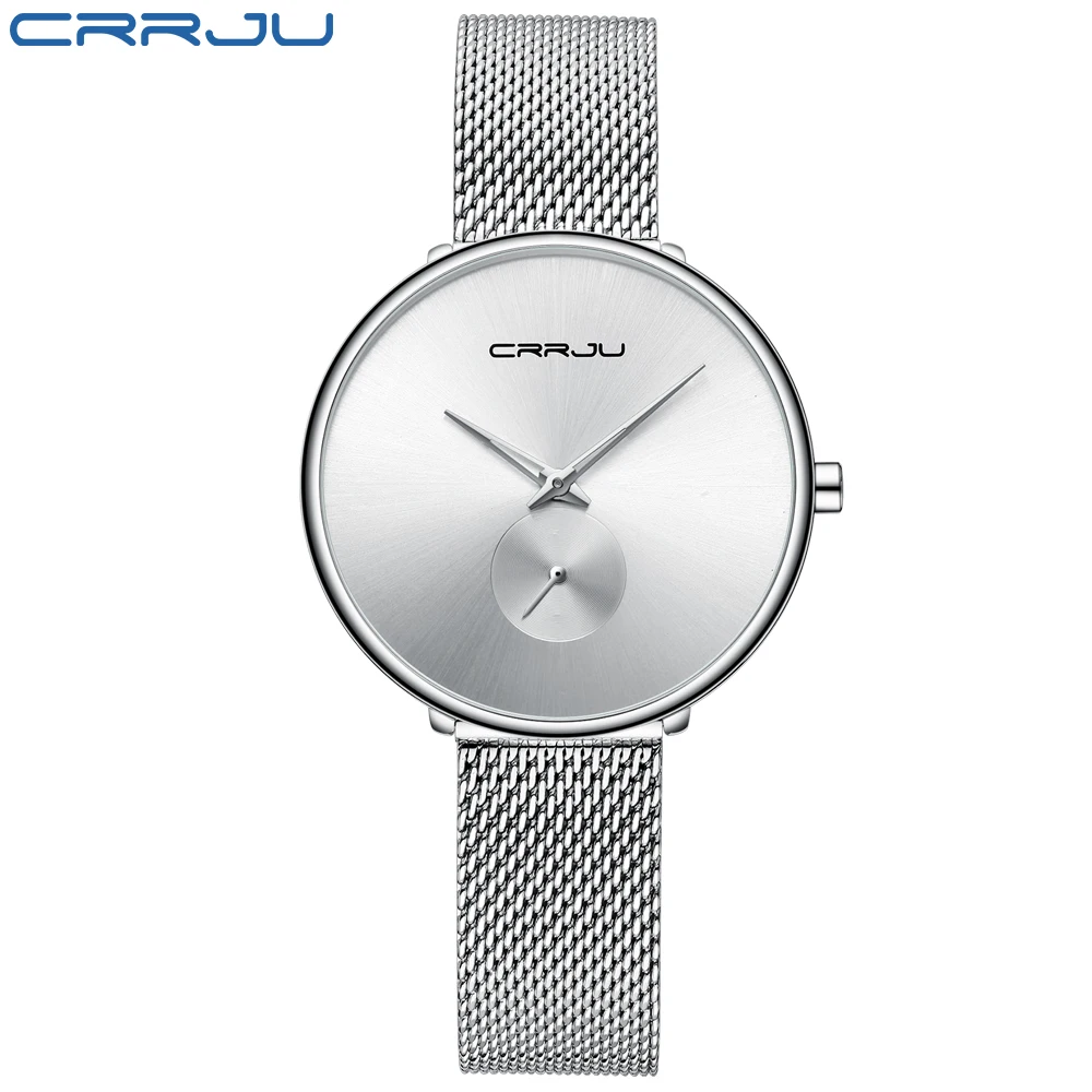 Silver White CRRJU Women's Watches Luxury Ladies Watch Fashion Minimalist Waterproof Slim Band Watches for Women Reloj Mujer - Цвет: Silver White