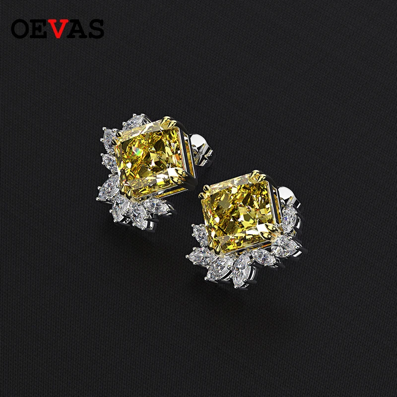 

OEVAS 11 Carats Square Yellow AAAAA+ Zircon Flower Stud earrings for women Real 925 Sterling Silver Wedding party Bride jewelry