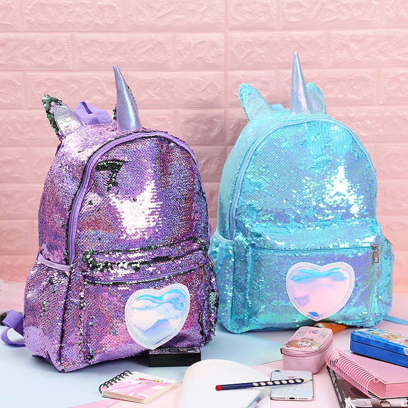 Girl Sequin Mermaid Backpack Children Large Zipper Unicorn Schoolbag Teenager Hologram Heart Love Backpack For School Travel Bag