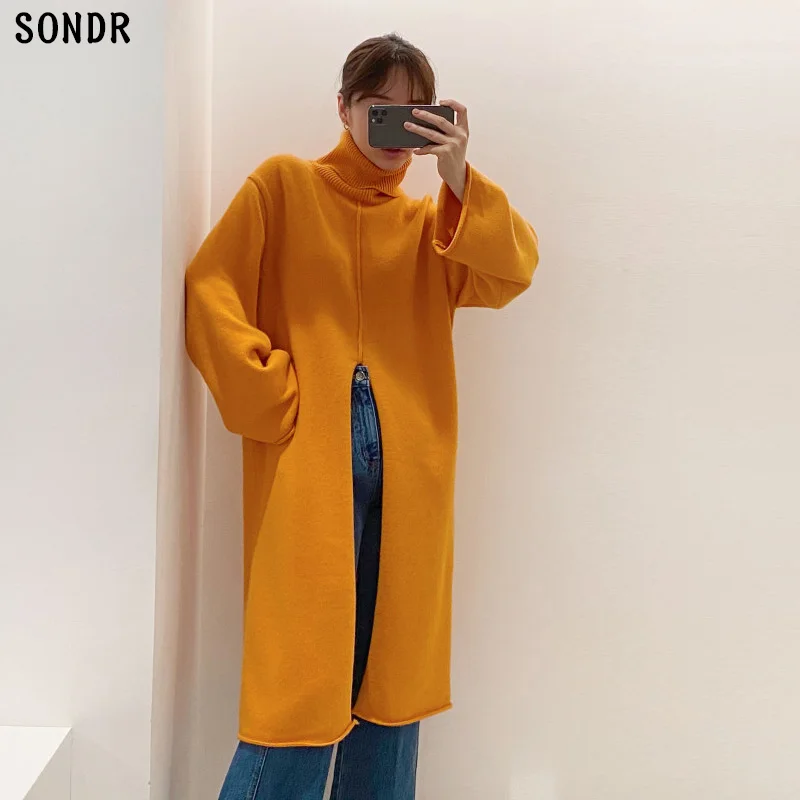 

Fashion Turtleneck Pullover Sweater Dress Women Autumn Winter Loose Split Knitted Dress Woman Korean Chic Warm Midi Dresses Lady
