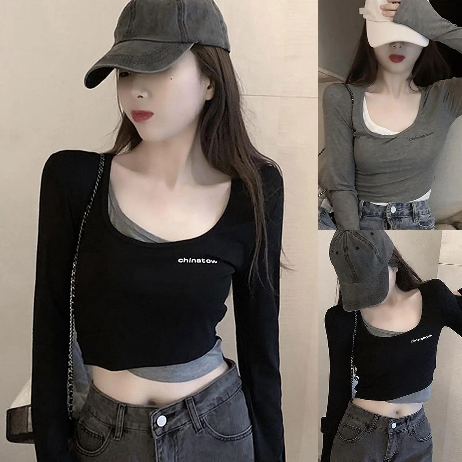 Женская шикарная блузка из двух частей с длинным рукавом и надписью облегающая