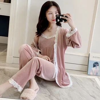 

Pink Bride Bridesmaid Wedding Robe Set Spring And Autumn Velvet Pijamas Suit Women Velour Warm Soft 2pcs Sleepwear Shirt&pant