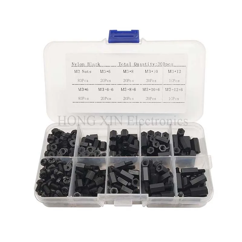 300pcs M3 Nylon White Hex Screw Nut Spacer Stand-off Varied Length Assortment Kit Box