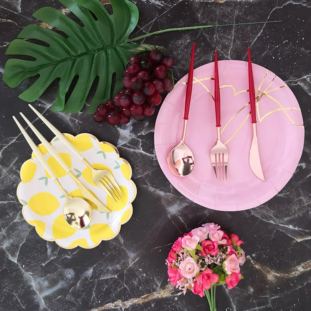 5 set Plastic Rose Gold Tableware Set Cutlery Western Food Tableware Teaspoon Luxury Knife fork spoon dessert Party Supplies