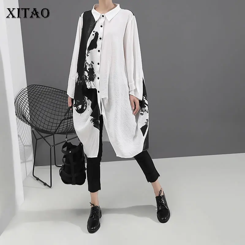 

XITAO Print Pattern Dress Women Korea Fashion New 2019 Autumn Single Breast Turn Down Collar Loose Thin Elegant Dress ZYQ1802
