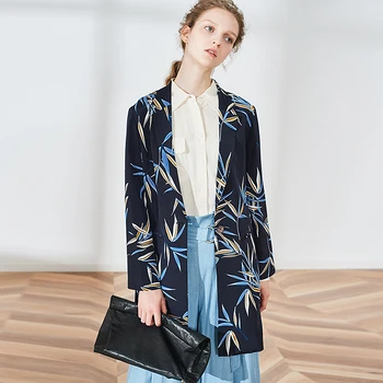 

High Quality Blazer Women 100% heavy Silk Printed Blazer Long Sleeve Single Button Pockets Elegant Blazer Coat Women