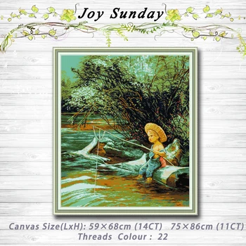 

Fishing Boy decor painting 14CT 11CT counted cross stitch kits embroidery sets Needlework Sets Home decor