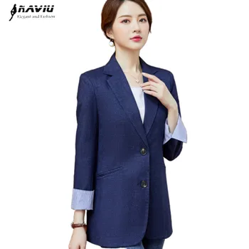 

Naviu New Fahion Women Plaid Long Blazer Jacket Pleated Sleeve Loose Coat Office Lady Style Formal Work Wear