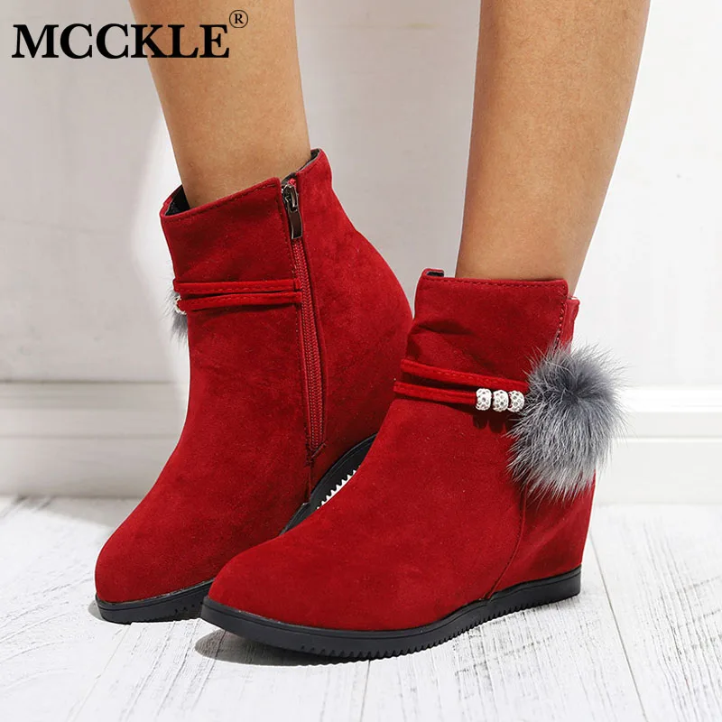 

MCCKLE Women Ankle Boots Fur Ball Height Increasing String Bead Ladies Zip Suede Bota Female Fashion Plush Inside Warm Shoes