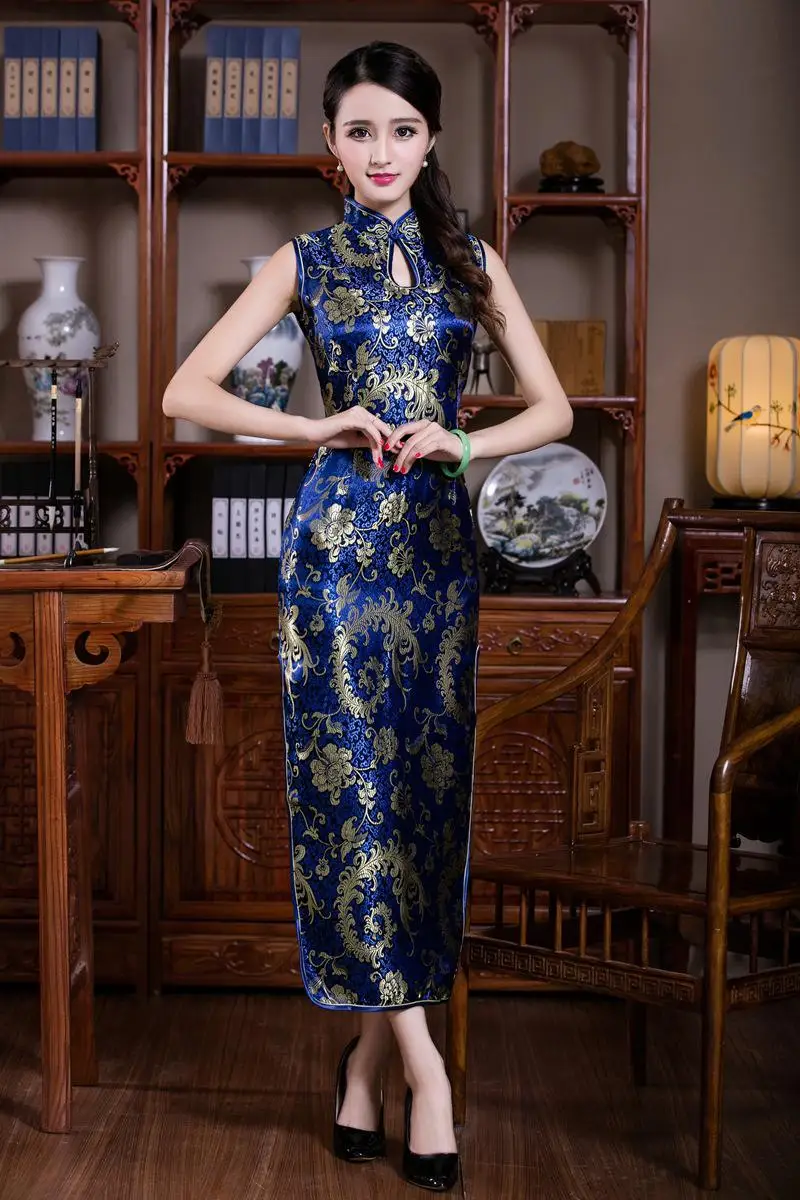 Темно-синий воротник мандарина женское Ципао без рукавов Длинный атласный Qipao Винтаж Кнопка сексуальное китайское платье Элегантная Новинка Vestidos - Цвет: Navy Blue A