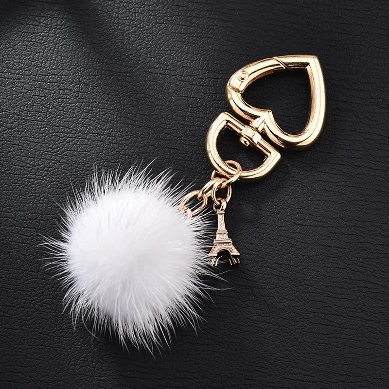 

Women's Fur Ball Keychain Love Heart Eiffel Tower Pompom Key Rings Fashion Cute Multi Color Jewelry Gift For Couples Girlfriend