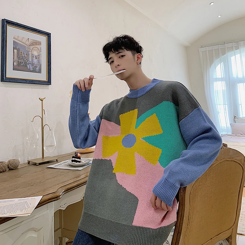 Winter New Flower Sweater Men Warm Fashion Contrast Color Casual O-neck Knit Pullover Man Streetwear Wild Loose Sweater Clothes