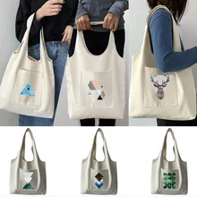 Canvas Bag Women‘s Shopping Bags Shopper Shape Geometry Pattern Handbags Pure Cotton Tote Bag Portable One-shoulder Shopping Bag