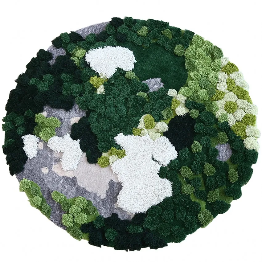 Nordic Green series 3D pattern handmade wool blending rug, pastoral style round shaped decoration carpet