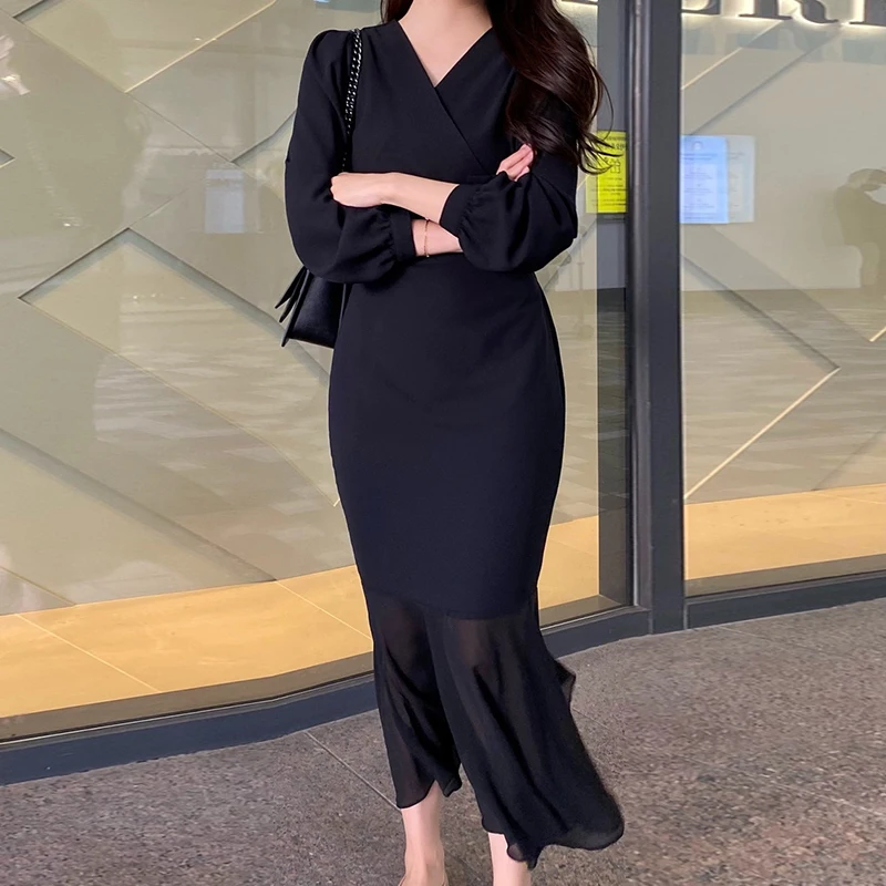 

Chic Spring Autumn New Women's Elegant Hepburn Style Thin V-Neck Cross Waist Tie-Up Mermaid Little Black Dress