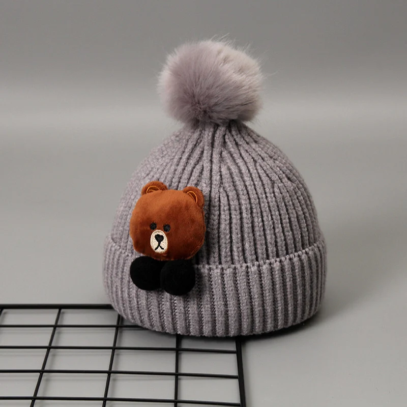 gray bear Новая зимняя детская трикотажная шапка с двумя меховыми помпонами, Меховая детская шапочка с помпонами, детские шапки - Цвет: gray bear