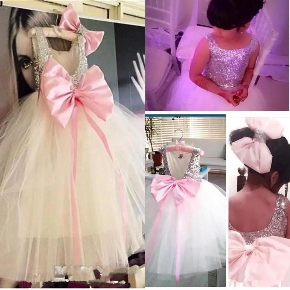 Flower Girls Dresses For Weddings Beads Bow Backless Birthday Dress Sweep Train Pageant Gowns | Детская одежда и обувь