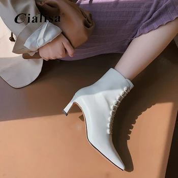 

CIALISA Women Shoes 2020 New Winter Pointed Toe Genuine Leather Thick Heel Boots Fashion Sexy Zipper Yellow Women Ankle Boots