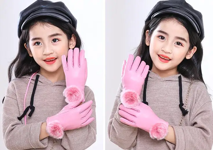 Children's autumn winter thicken warm fleece lining leather gloves boy girl kids natural sheepskin leather glove R1879