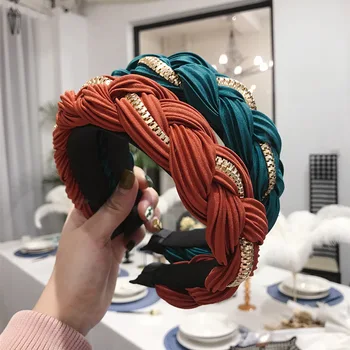 

Hot Selling Hair Accessories Europe And America Solid Color Pleat Alloy Chain Linen Flower Color Braid Large Rims Hair Bands Hea