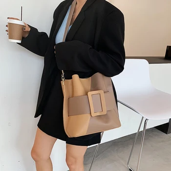 

Panelled Leather Crossbody Bag Women Large Bucket Handbag Hit Color Shoulder Bags Female Wide Strap Messenger Bag Sac Femme 2020