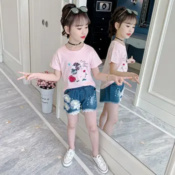 

Baby Girls Clothes Set Floral Printed Short Sleeve T-shirt Top + Denim Shorts 2 PCS Girl Cute Floral Set of Clothes for Teens