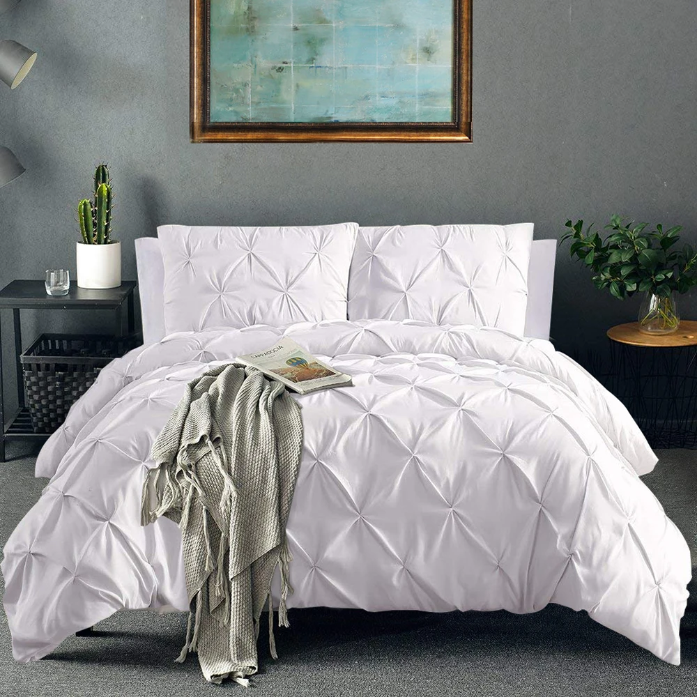 

Pinch Pleat Bedding Set White Comforter Bedding Sets Linens Pin Tuck Duvet Cover Set and Pillowcase Queen King Size Bedclothes