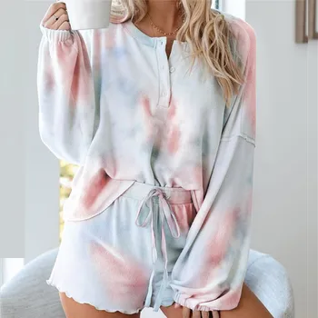 

2020 Fashion Tie-dyeing Summer Pajamas Set For Women Girls Loose Casual Sleepwear Long Sleeve Tops and Shorts 2 Set Homewear
