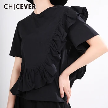 

CHICEVER Patchwork Ruffle Ruched T-Shirt Female O Neck Short Sleeve Oversize Loose Shirts Women 2020 Summer Fashion New Clothes