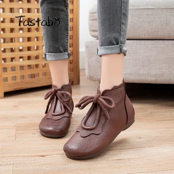

British Style Genuine Cow Leather Women Ankle Boots Autumn Fashion Pleated Side Zipper Short Boots Women Flats Shoes 9753
