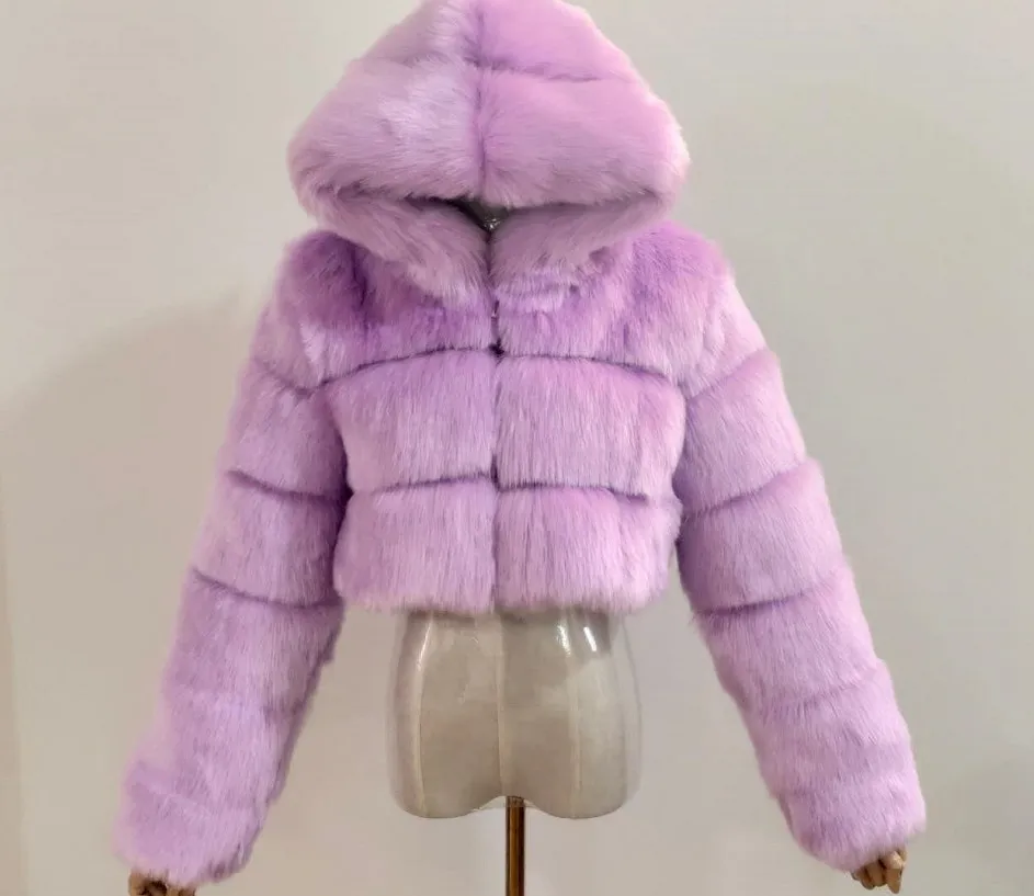 Furry Cropped Faux Fur Coats  Jackets Women Fluffy Top Coat Hooded Winter Fur Jacket 6