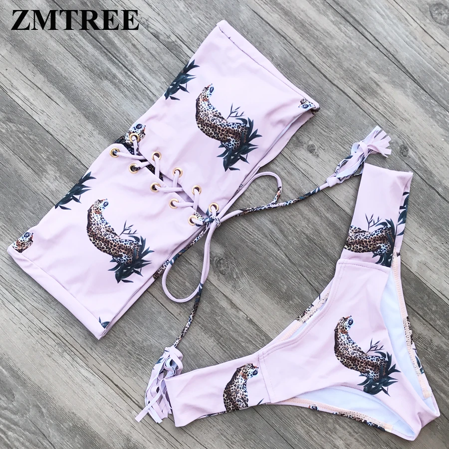 

ZMTREE Sale Size M Bandeau Bikinis Set Lace Up Swimwear Women Sexy Swimsuit Floral Printed Bathing Suit Girl Biquini
