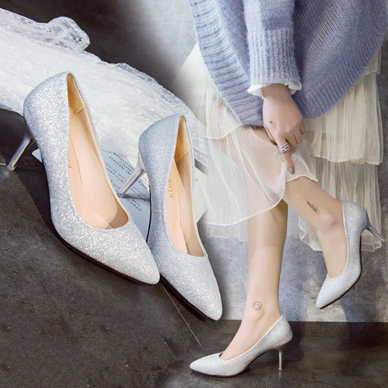 High Heels Women 2020 Spring Autumn New Fashion Pointed Toe Shallow Fine Heel with Frosted Sequin Gold Work Wedding Shoes Woman