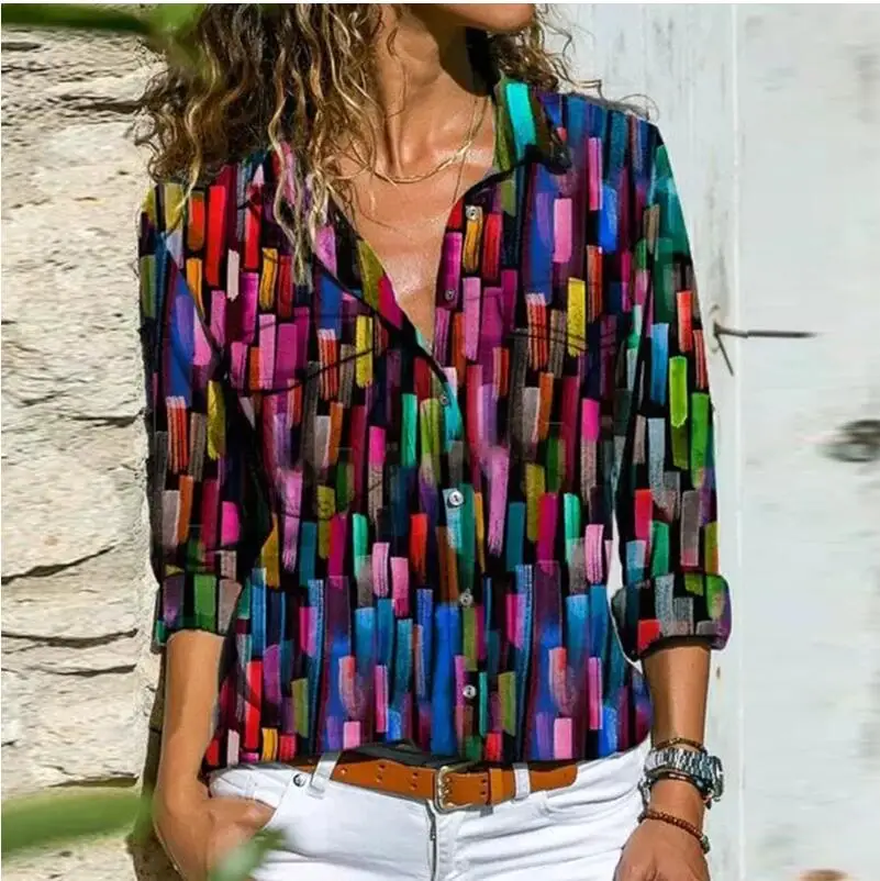 Women Retro Colorful Print Buttons Blouse Shirt Autumn Long Sleeve Turn-down Collar Ladies Top Streetwear Casual Plus Size Blusa
