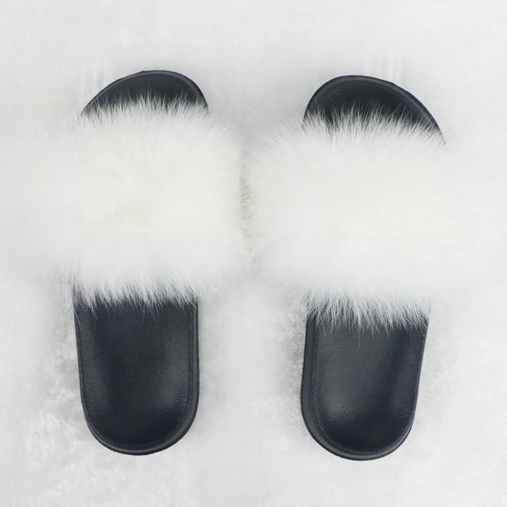 White slippers Женские шлепанцы с натуральным лисьим мехом комплект сумочки радужных желейных сумок пушистые сандалии из енота модная женская походная сумка для обуви - Цвет: White slippers
