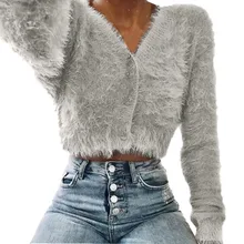 Женский Модный укороченный свитер кардиган с v-образным вырезом и длинным рукавом, повседневный Пушистый свитер, Популярные топы, милый свитер Vetement Femme