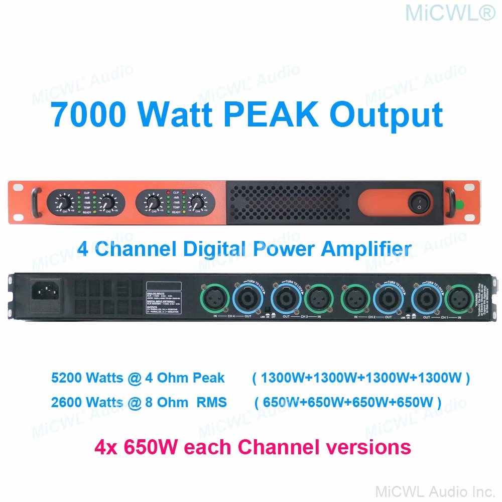 MiCWL 디지털 파워 앰프, 6400W, 4 채널, 5200 와트, 2 파워 버전 스피커, 프리앰프, AMP, 블루, 오렌지