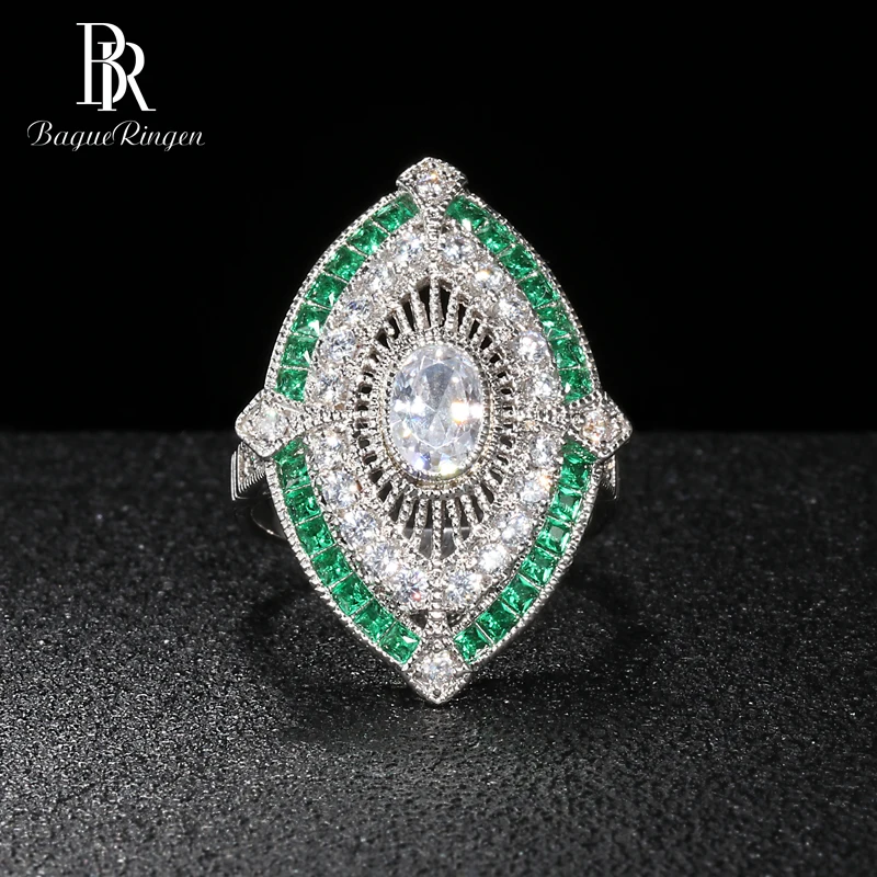 Зеленый Bague Ringen, винтажное роскошное серебряное 925 ювелирное изделие, квадратное кольцо с камнями для женщин, кристалл, изумруд, для банкета, женский подарок - Цвет камня: Зеленый
