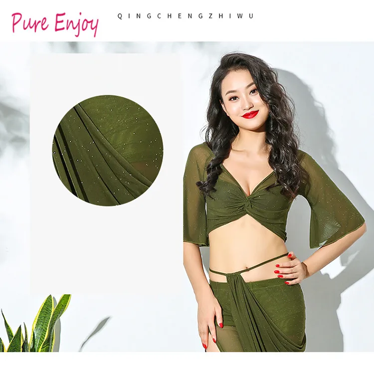 Горячий Продавать Mesh Fairy Belly Dance Костюм Набор для Женщин Танцы Живота Топы и Юбки Свободный Дизайн Большой Танцевальная Команда униформа