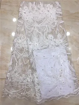 

White high quality French Nigerian sequins beaded lace,African tulle mesh sequence lace fabric for party dress 5yards/lot X8