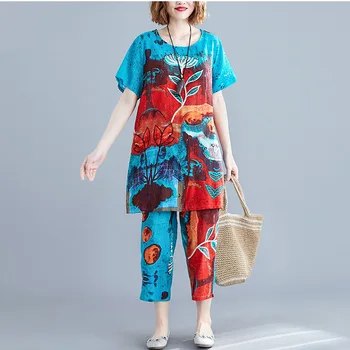 

vintage floral plus size 2 two piece set women casual loose mini summer dress elegant clothes 2020 ladies dresses pants Outfit