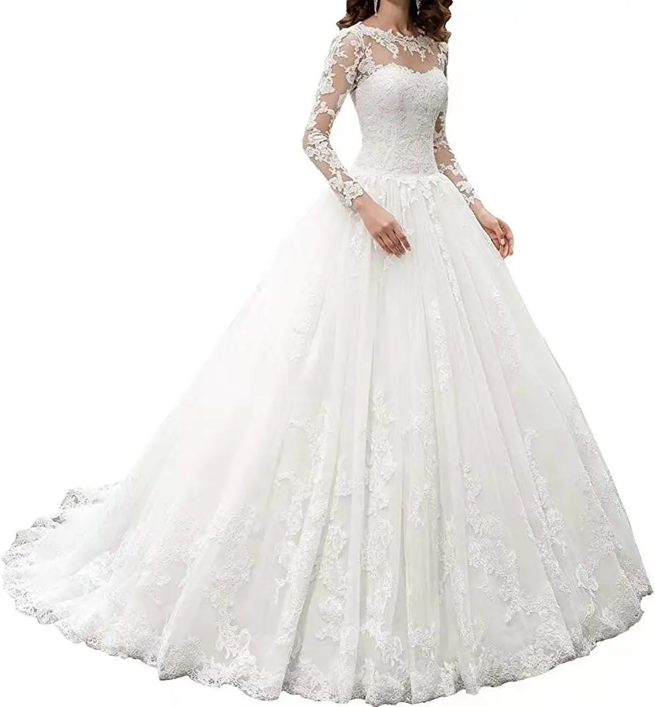 

Hot Fashion Illusion Full sleeves lace Wedding Dress Wedding Gown Vestido De Festa